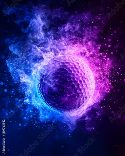 Golf ball engulfed in vibrant blue and purple flames.