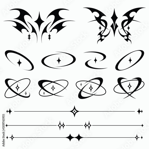 A set of Y2K-inspired tribal and celestial tattoo designs featuring stars, orbits, and sleek futuristic line art