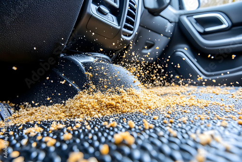 Granules spilling onto car floor mat.