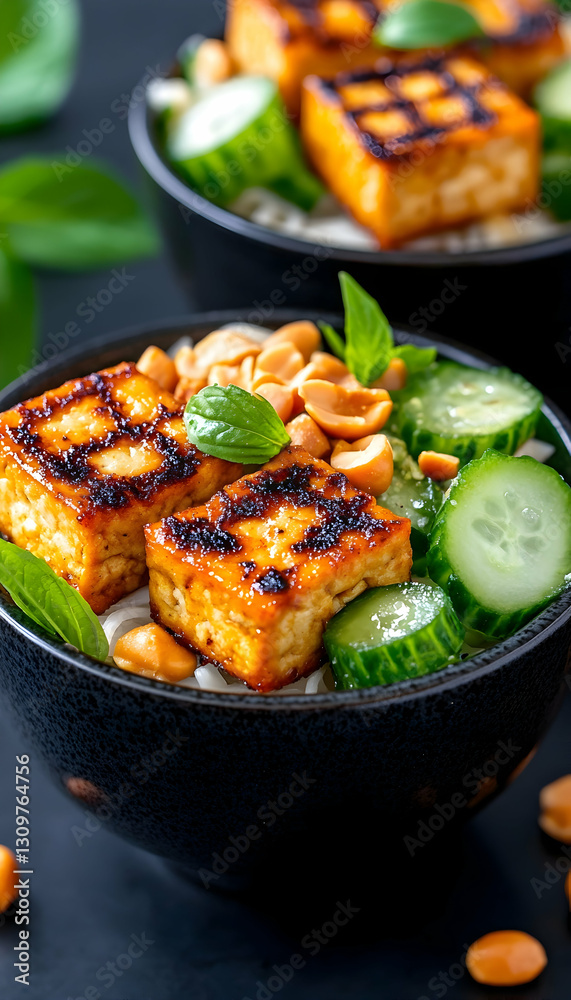 Grilled tofu, rice noodles, cucumbers, peanuts, and basil in a bowl Grilled tofu, rice noodles, cucumbers, peanuts, and basil in a bowl