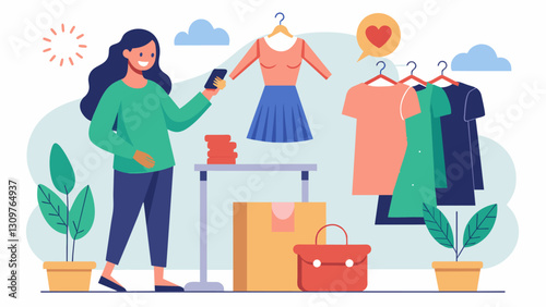 A fashion influencer sharing her strategies for finding designer and highquality items at thrift stores proving that sustainable fashion can also be. Vector illustration
