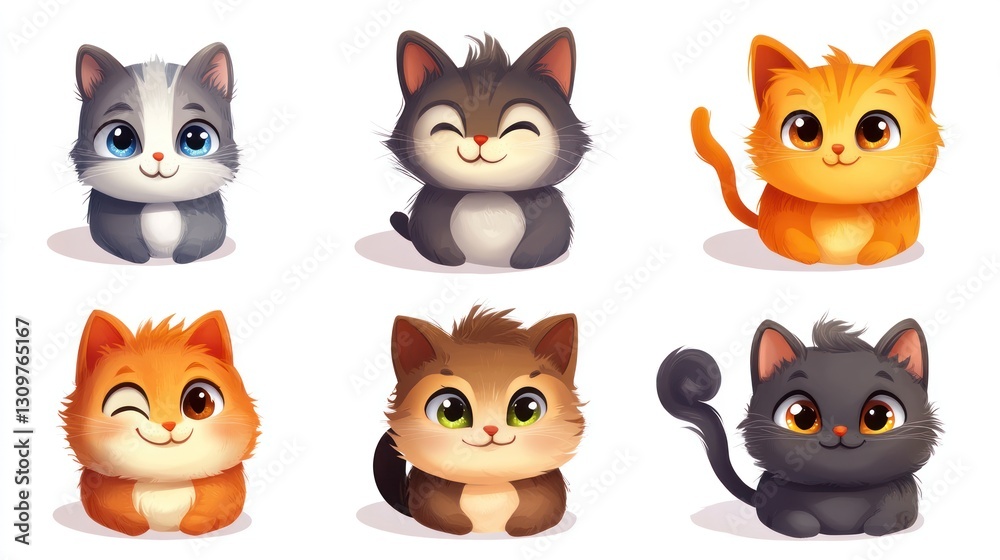 Six Cute Cartoon Cat Illustrations in Different Colors and Poses Six Cute Cartoon Cat Illustrations in Different Colors and Poses