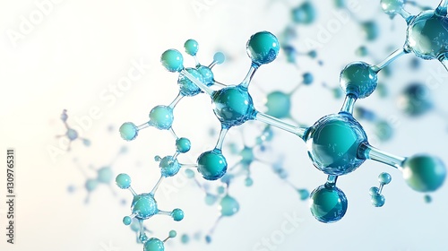 Fototapeta Naklejka Na Ścianę i Meble -  A 3D visualization of biomolecules in a fluid environment, with molecules floating in motion through a liquid medium. 