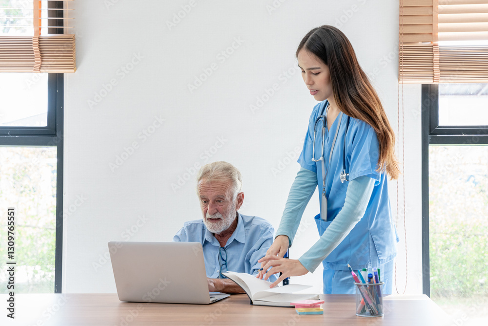 Nurse is attentively caring for the senior at the nursing home. Nurse is attentively caring for the senior at the nursing home.