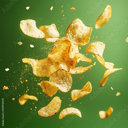 A solid green background with a lot of crispy sour cream and onion-flavored potato chips and sour cream and onion powder particles flying up from the bottom, as if they are floating or being tossed