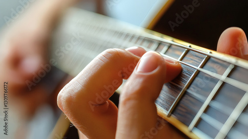 Fingerstyle Guitar: Capturing the essence of music creation, with a close-up shot of fingers expertly pressing on the frets of a guitar, symbolizing passion and artistic expression. photo