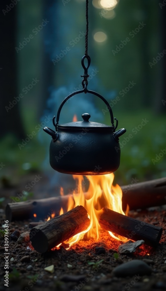 Black pot hangs over campfire flames, tripod stand , hot, warm, black pot Black pot hangs over campfire flames, tripod stand , hot, warm, black pot