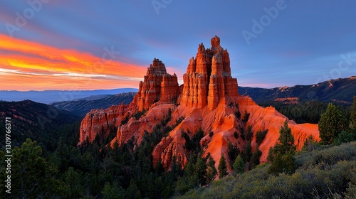 Stunning Sunset Over Majestic Red Rock Formations and Green Pine Trees