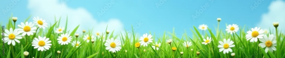 Fototapeta premium Close-up of delicate white daisies amidst lush green grass, clear blue sky backdrop, delicate, blade