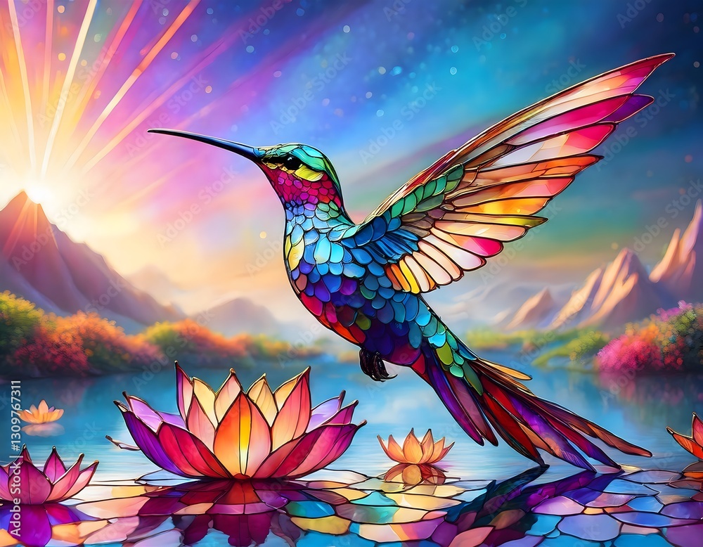 Fototapeta premium Giant stained glass hummingbird hovering over water lilies at sunrise