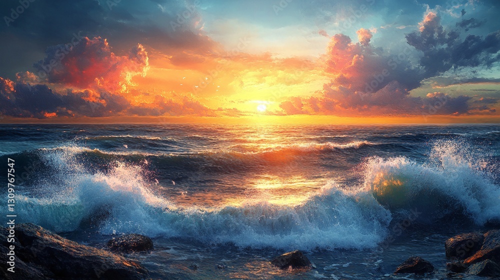 Fototapeta premium Fiery sunset over a dramatic ocean scene. Waves crash against the rocks, creating a breathtaking spectacle of color and movement.