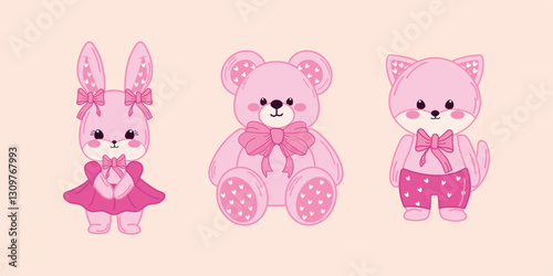 A trendy, flirty vintage set of plush toys, teddy bear, rabbit, kitten. Vector illustration for wedding invitations, greeting cards and more with bows and ribbons.