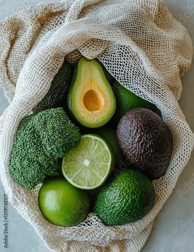 Fresh Green Vegetables and Fruits Arranged in a Reusable Mesh Bag on a Light ...