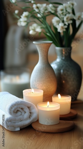 Relaxing Spa Setting With Candles and Flowers in a Serene Environment