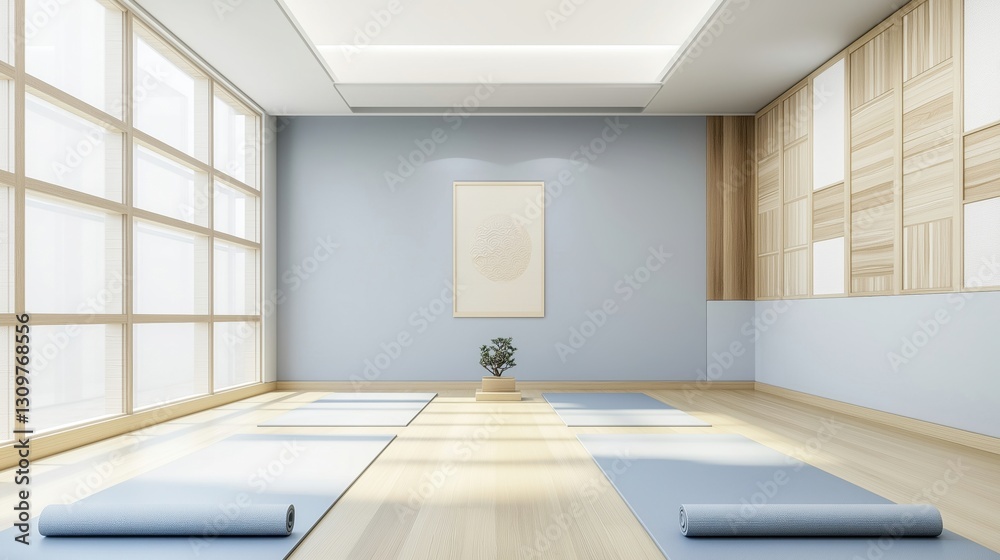 Fototapeta premium Serene fitness exercise pastel room of calm minimalist organic decor. Designed for gentle movement, yoga, pilates, tai chi, meditation, strength, balance. With floor mats, wood, stone. 