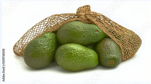 Fresh Avocados in a Reusable Bag With Green Leaves on a Light Background