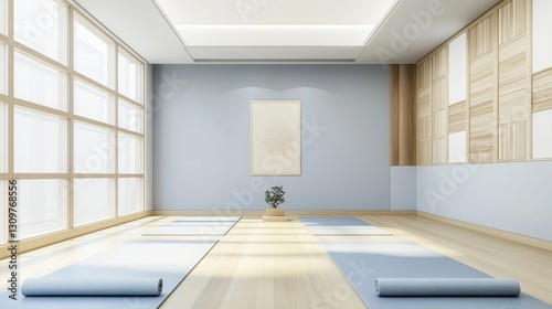 Wallpaper Mural Serene fitness exercise pastel room of calm minimalist organic decor. Designed for gentle movement, yoga, pilates, tai chi, meditation, strength, balance. With floor mats, wood, stone.
 Torontodigital.ca