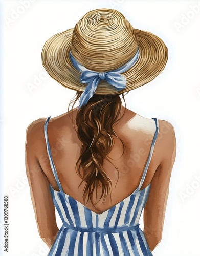 Woman in Striped Dress and Straw Hat Enjoying a Sunny Day at the Beach
