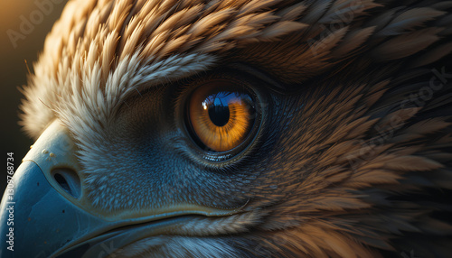 Extreme close-up of eagle eye hyper-detailed iris golden amber color sharp focus feathers surrounding eye
