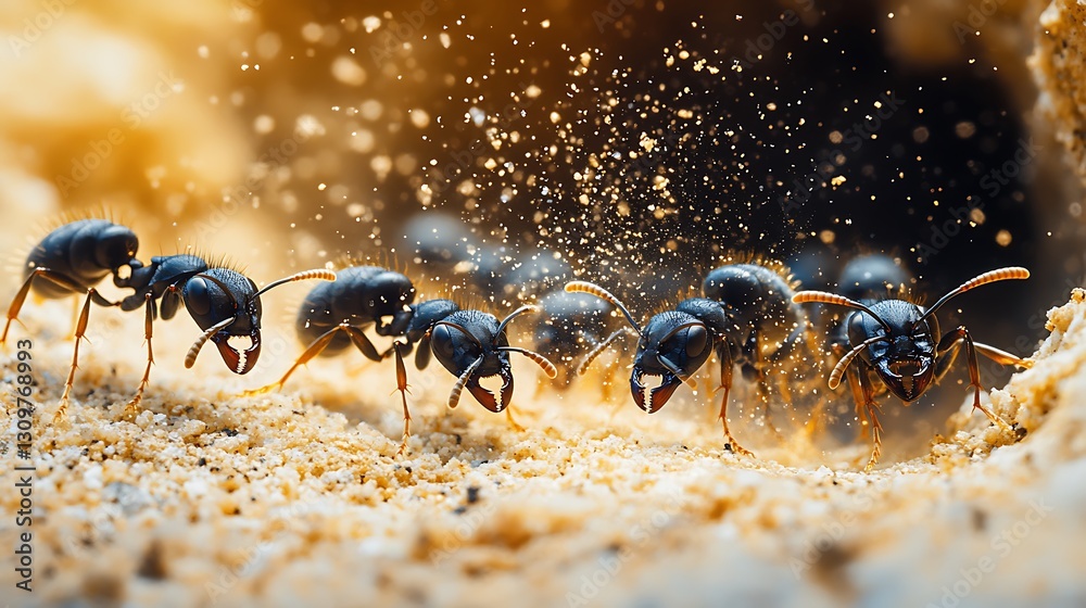 Fototapeta premium A black ant leaving its anthill onto a textured surface showcasing the collective effort of insect colonies