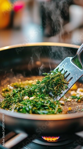 Cooking Fresh Herbs and Vegetables in Skillet on Stove, Capturing Flavorful P...