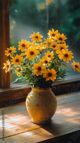 Bright Yellow Flowers in a White Vase on a Wooden Table Near a Window During ...