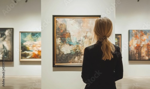 Woman viewing art in a museum.