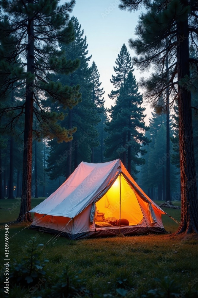 Canvas tent nestled amongst towering pines, evening light, forest, pine, wildlife Canvas tent nestled amongst towering pines, evening light, forest, pine, wildlife