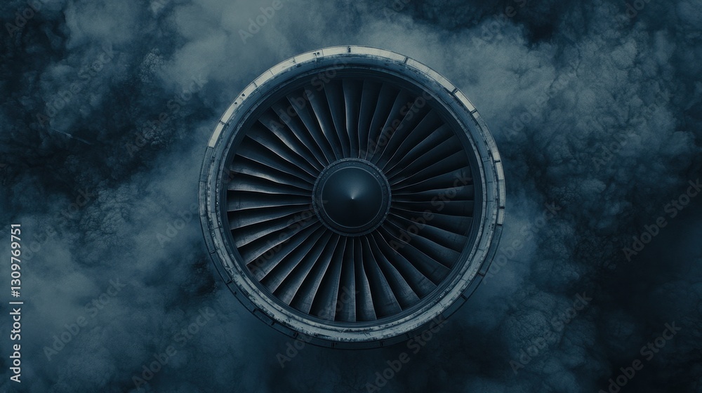 Fototapeta premium Overview of a Jet Engine Turbine on a Dark Cloudy Background