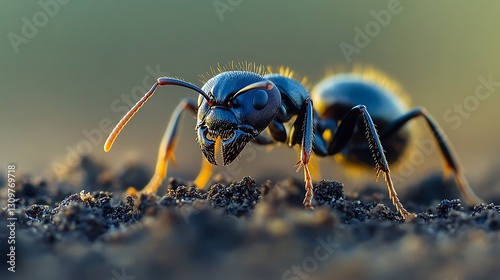 Black ant emerging from its anthill onto a textured ground reflecting the coordination within the colony