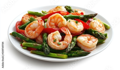 Delicious shrimp and asparagus stir-fry on white plate, against white background