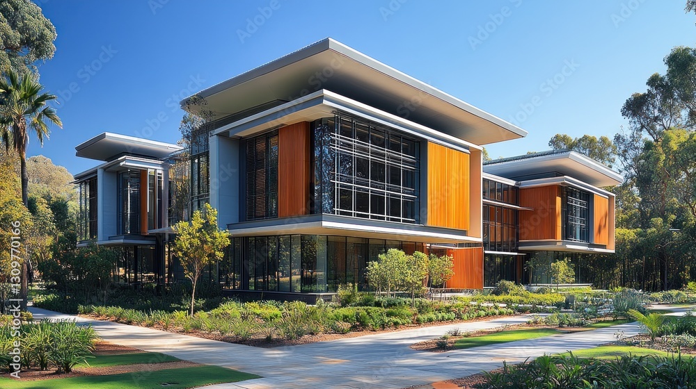 Fototapeta premium Modern building with landscaped grounds