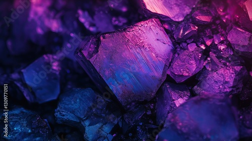 Close-up macro photography of raw rare earth minerals: neodymium crystals with purple-blue iridescent surfaces, extreme detail and texture