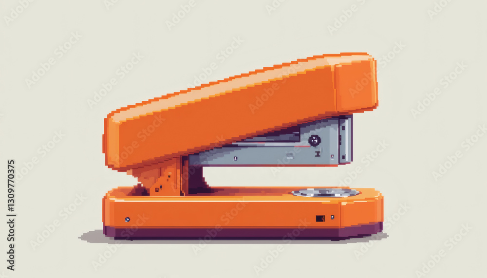 Bold 8-bit Pixel Stapler in Vibrant Orange with Simplified Design, Isolated on a White Background for Nostalgic Office Supply Vibes Bold 8-bit Pixel Stapler in Vibrant Orange with Simplified Design, Isolated on a White Background for Nostalgic Office Supply Vibes