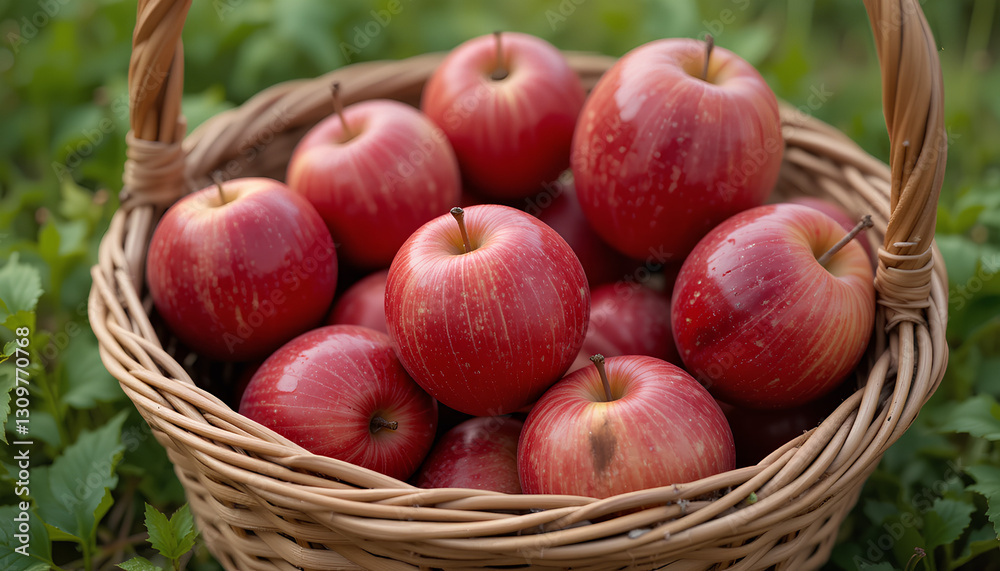 A wicker basket filled with red apples. high quality A wicker basket filled with red apples. high quality