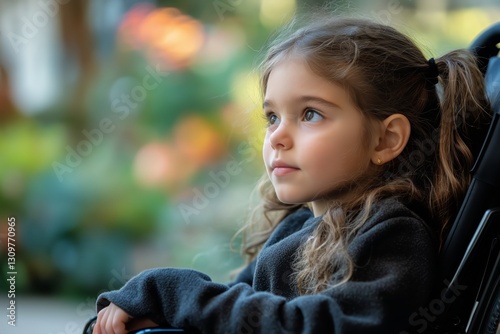 Young Girl With Curly Hair Gazing Thoughtfully Outdoors in a Lush Garden Setting