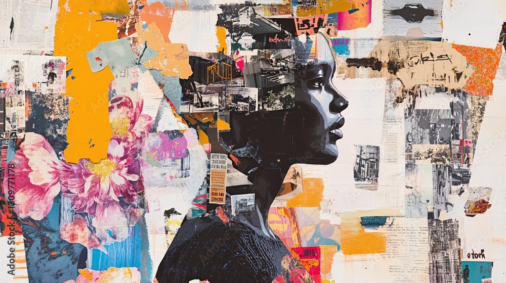 Naklejka premium Collage Portrait of a Black Woman Urban Dreamscapes