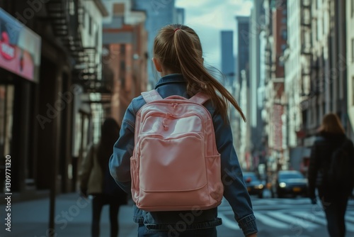 Young Girl Walking in City Street With Pink Backpack During Daylight