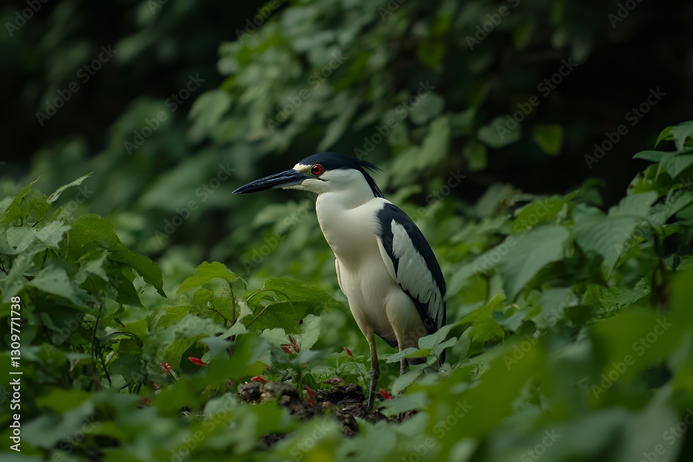A black-crowned night heron scanning the pond for prey A black-crowned night heron scanning the pond for prey