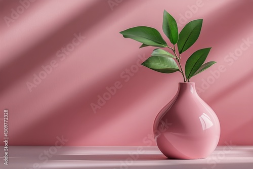 Elegant Pink Vase With Green Leaves Against a Soft Pink Background in Natural...