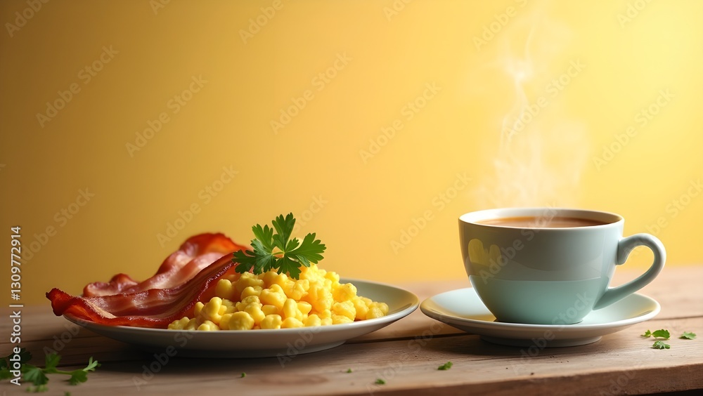 A warm and inviting breakfast scene featuring a steaming cup of golden-brown coffee, a plate of fluffy scrambled eggs, and a few slices of crispy bacon arranged on a rustic wooden table, with a sprink A warm and inviting breakfast scene featuring a steaming cup of golden-brown coffee, a plate of fluffy scrambled eggs, and a few slices of crispy bacon arranged on a rustic wooden table, with a sprink