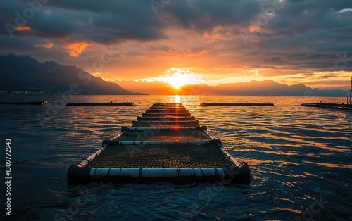 Floating seaweed farm at sunrise, showcasing innovative aquaculture for sustainable seafood production