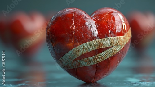 A wounded red heart with bandages gently hovering on a gradient background symbolizing emotional healing