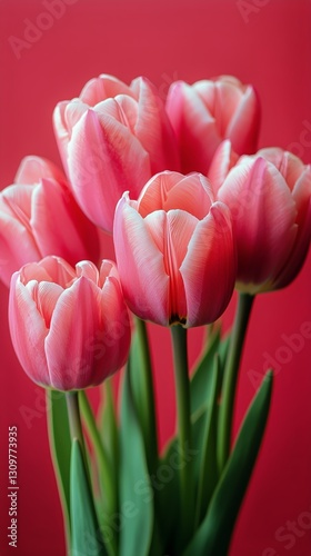 Beautiful Pink Tulips Arranged Against a Vibrant Red Background in a Creative...