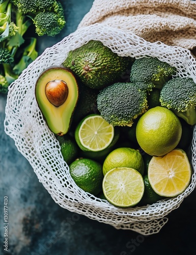 Fresh Green Vegetables and Fruits Arranged in a Reusable Mesh Bag on a Light ...