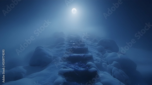 Frozen moonlit path through snowy mountains