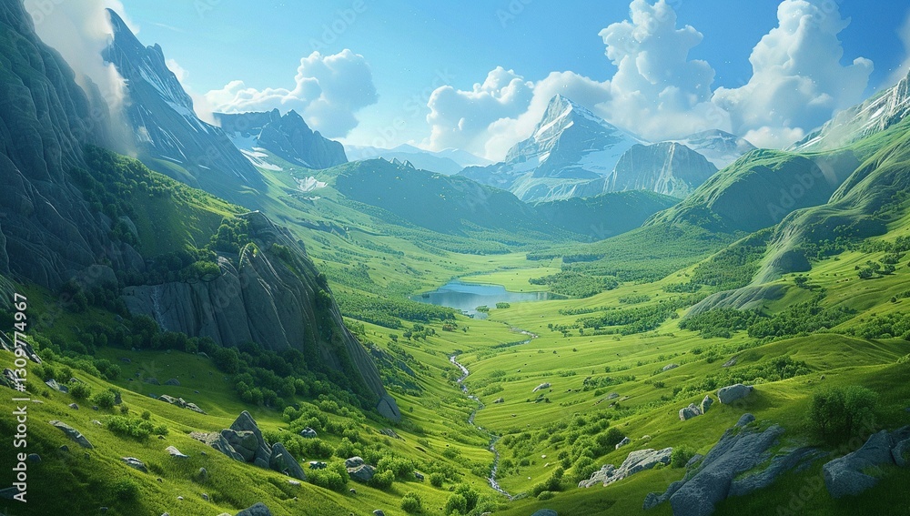 Obraz premium Serene mountain valley landscape. Lush green hills, a clear stream, and majestic snow-capped peaks create a breathtaking view.