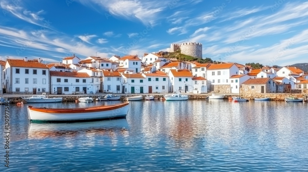 Scenic Harbor View of White Houses and Historic Castle in Summer Scenic Harbor View of White Houses and Historic Castle in Summer