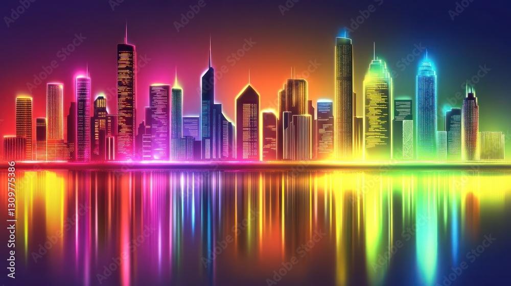 Obraz premium Neon City Skyline Reflections