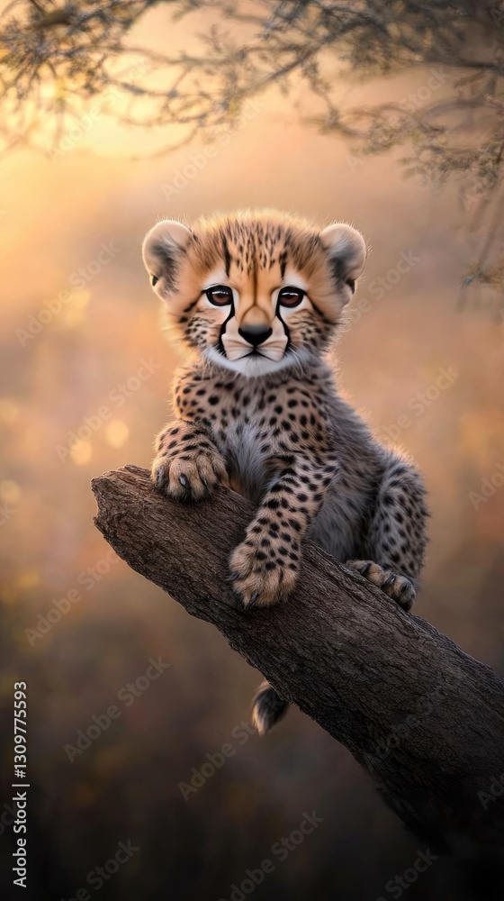 Obraz premium A young cheetah observes the surroundings from a tree branch, illuminated by warm sunset light in a serene natural setting.